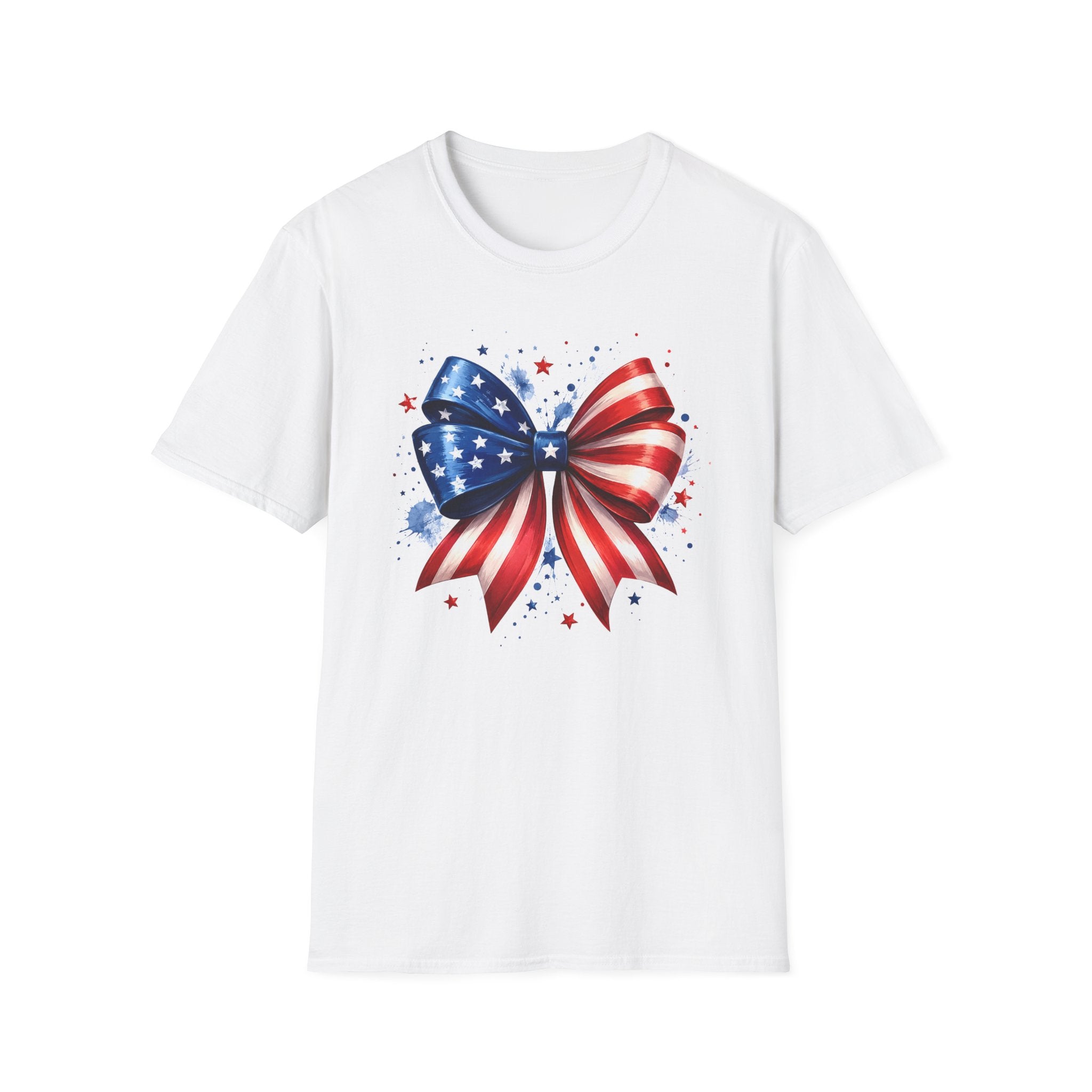 Watercolor American Flag Bow 4th of July Graphic Tee Stars Stripes - Patriotic Coquette T-Shirt
