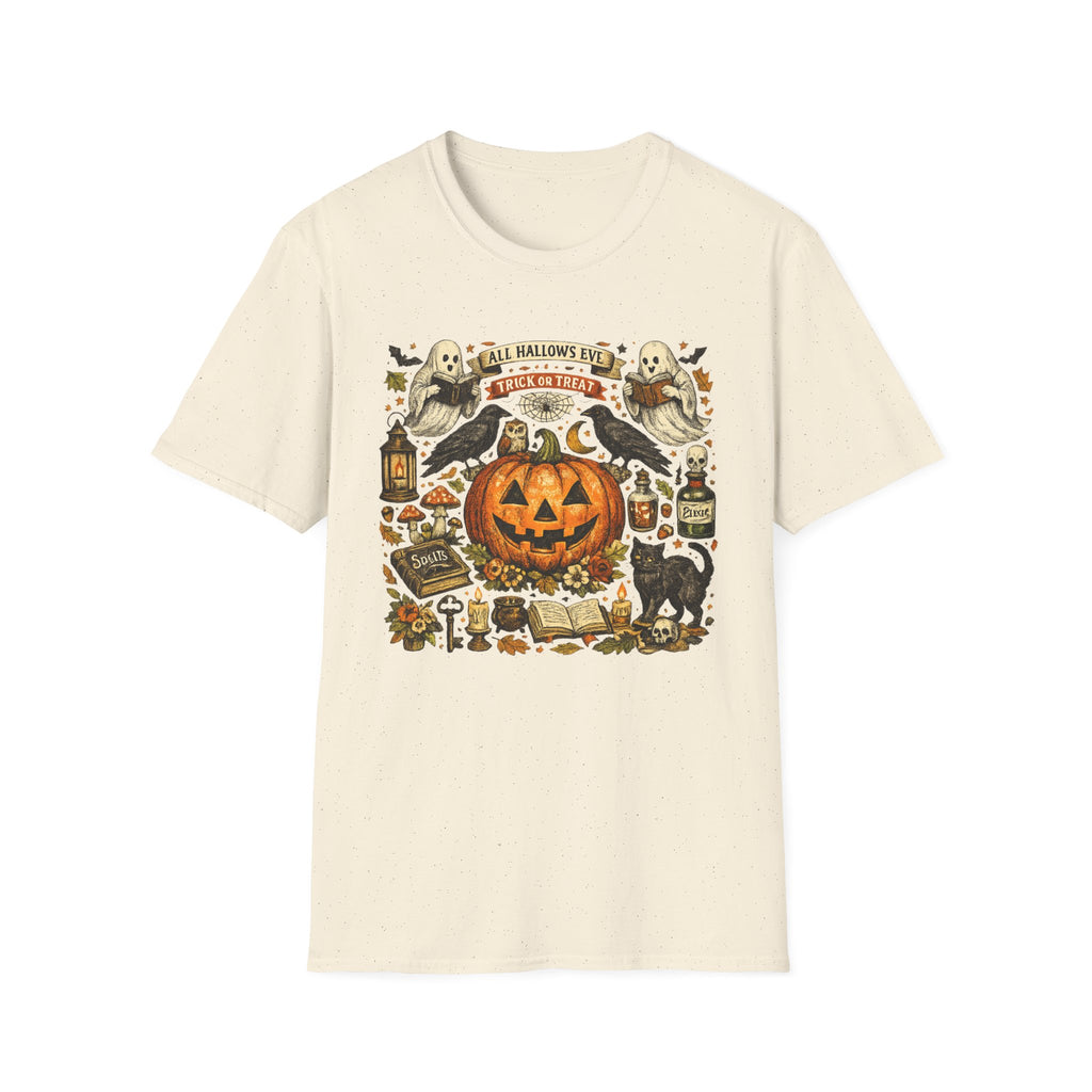 Halloween Pumpkin & Ghost Tee — "All Hallows Eve, Trick or Treat" Graphic T-Shirt