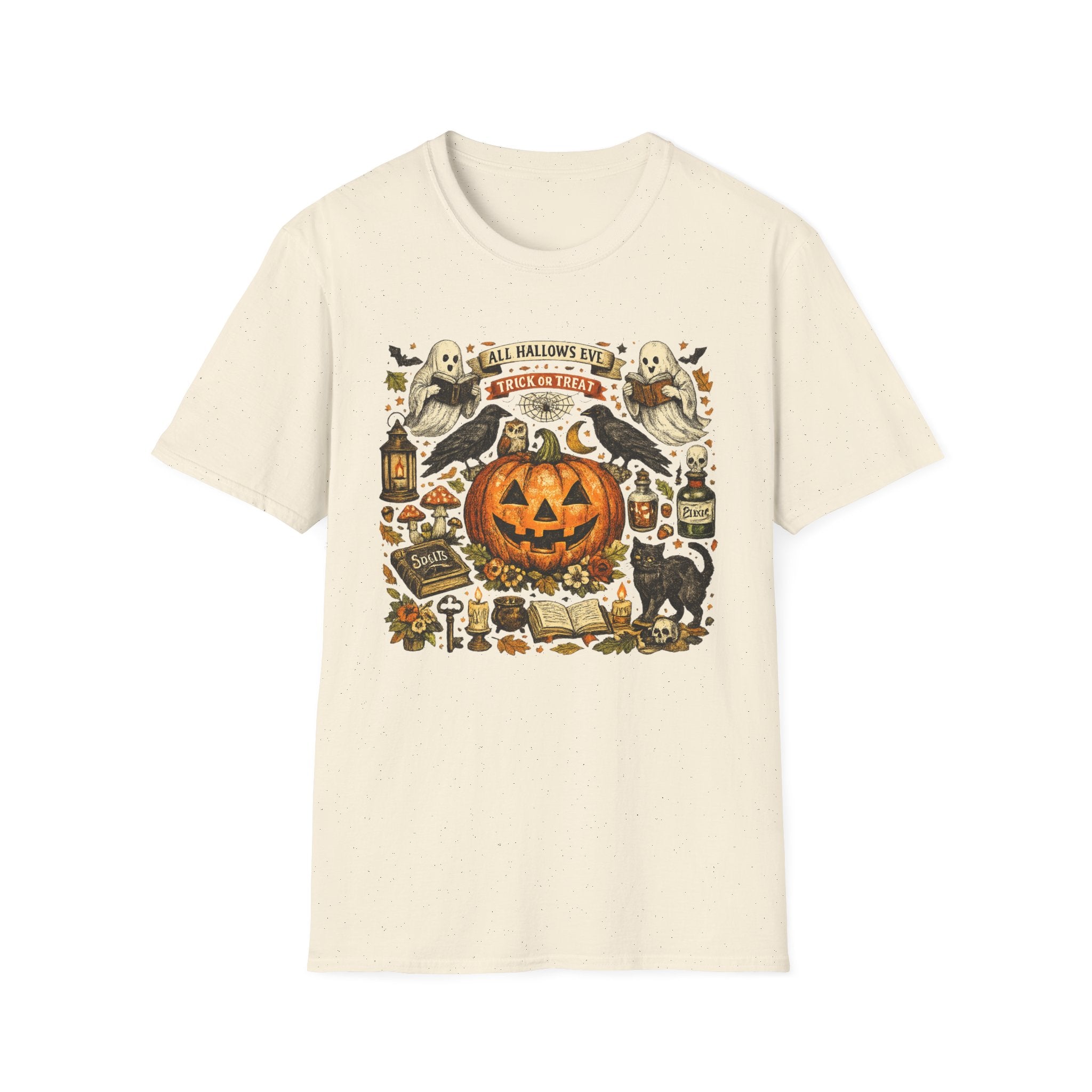 Halloween Pumpkin & Ghost Tee — "All Hallows Eve, Trick or Treat" Graphic T-Shirt