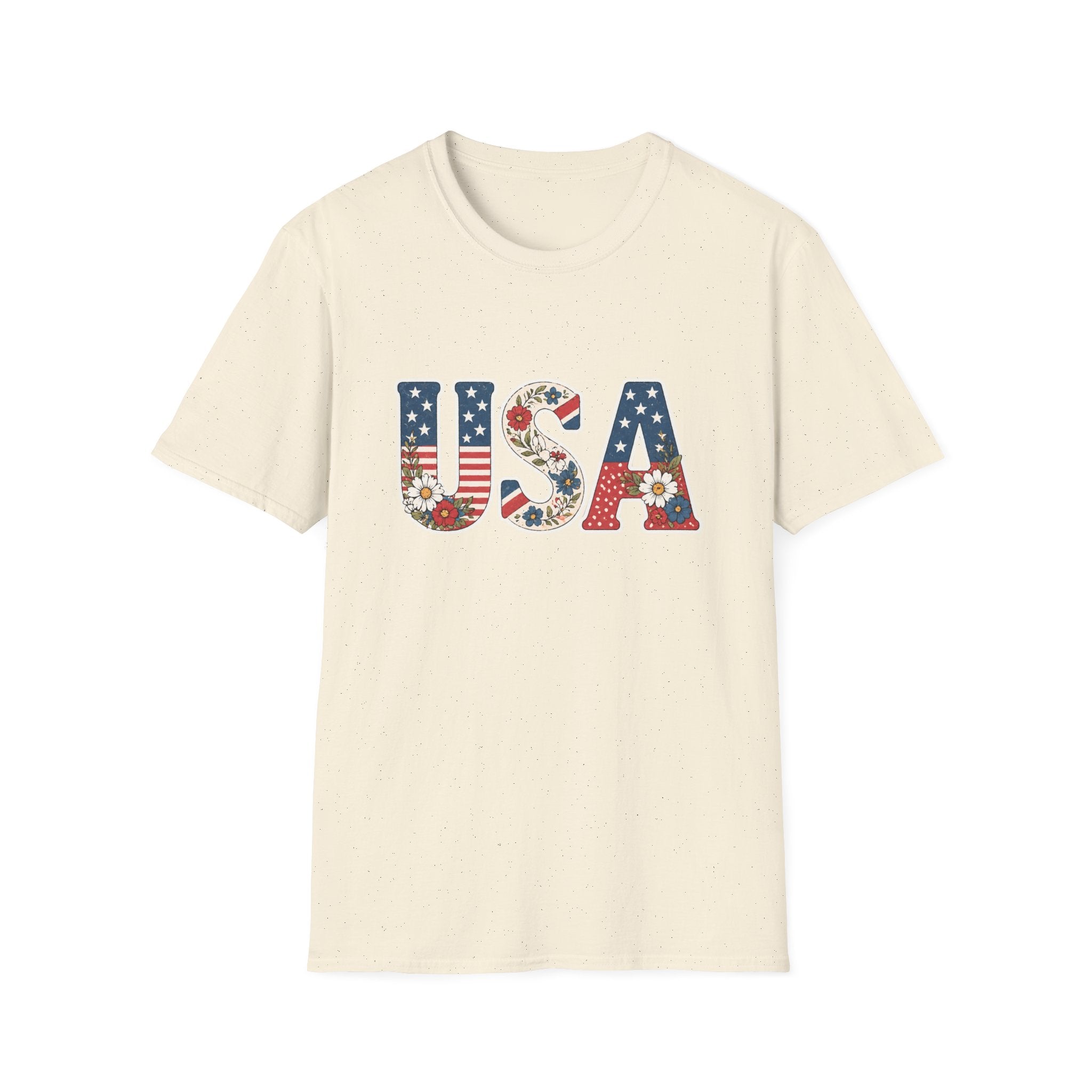 Floral USA T-Shirt, Cottagecore Patriotic Flower Letter Tee, 4th of July Wildflower America Shirt, Stars Stripes Daisy Poppy Gift, Vintage Botanical