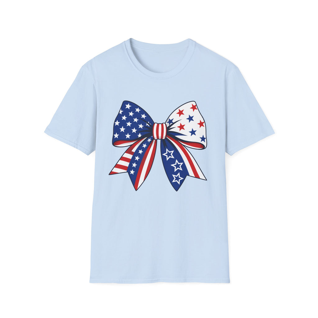 Oversized American Flag Bow T-Shirt, Cheer Bow Stars Stripes Patriotic Tee, Big Coquette 4th of July Bow Shirt, Bold Graphic USA Bow Gift Women Girls Independence Day