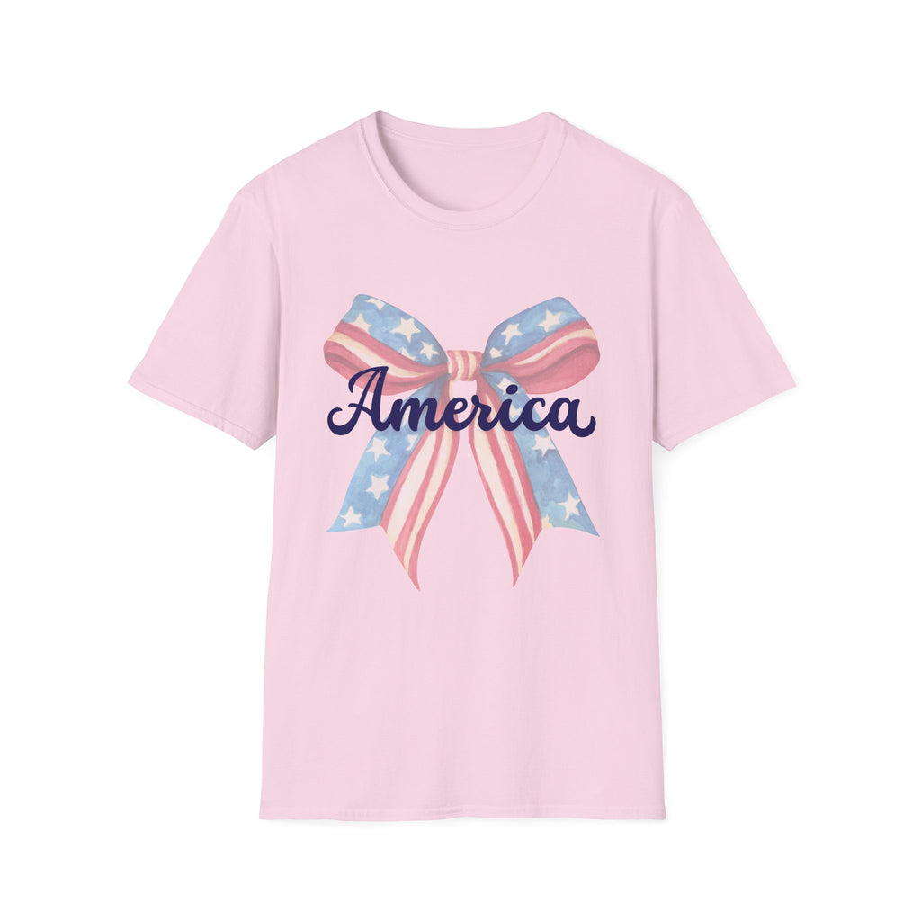 America Bow Patriotic T-Shirt, Coquette Fourth of July Graphic Tee, Vintage Americana Ribbon Shirt, Cute USA Holiday Apparel, Soft Girl Patriotic Outfit
