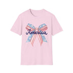 America Bow Patriotic T-Shirt, Coquette Fourth of July Graphic Tee, Vintage Americana Ribbon Shirt, Cute USA Holiday Apparel, Soft Girl Patriotic Outfit