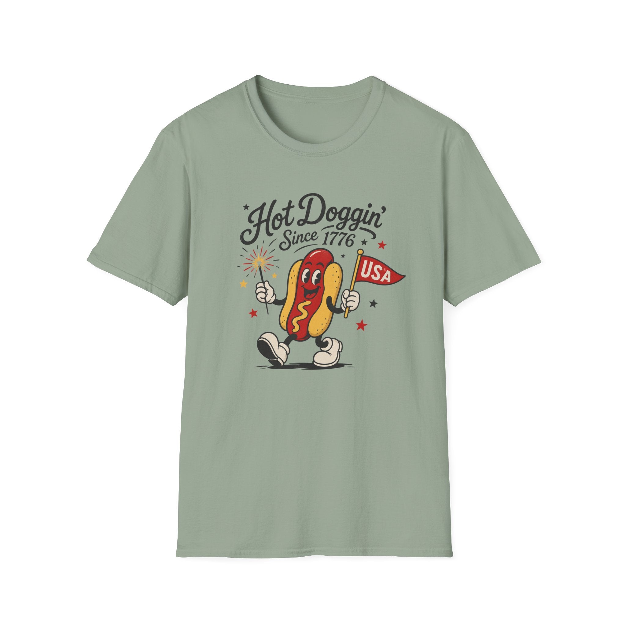 Hot Doggin Since 1776 Tee, Patriotic USA Hot Dog Shirt, Fun Red White Blue Graphic Top, Fourth of July Celebration Outfit Unisex Softstyle T-Shirt