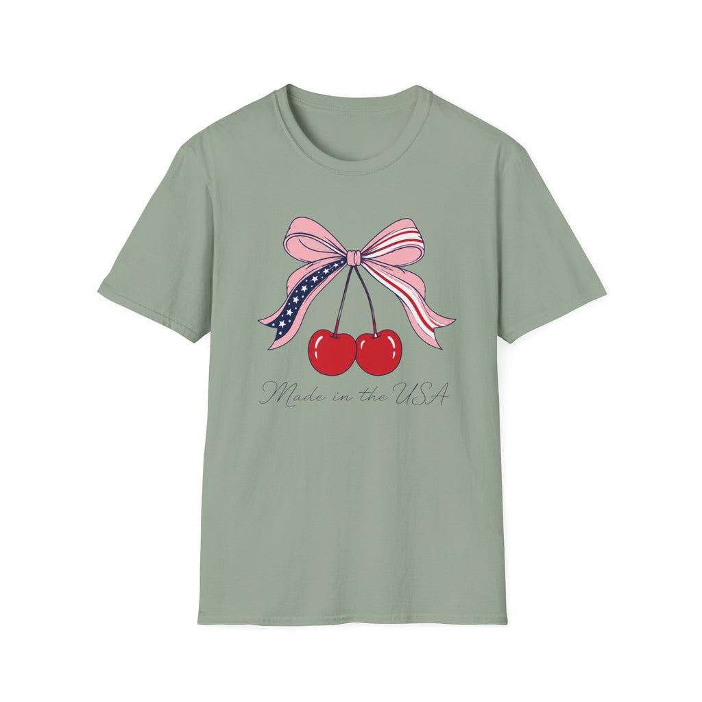 Made in the USA Cherry Tee, Patriotic Red White Blue Shirt, Cute Bow Fruit Graphic Top, Fourth of July Summer Outfit Unisex Softstyle T-Shirt