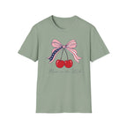 Made in the USA Cherry Tee, Patriotic Red White Blue Shirt, Cute Bow Fruit Graphic Top, Fourth of July Summer Outfit Unisex Softstyle T-Shirt