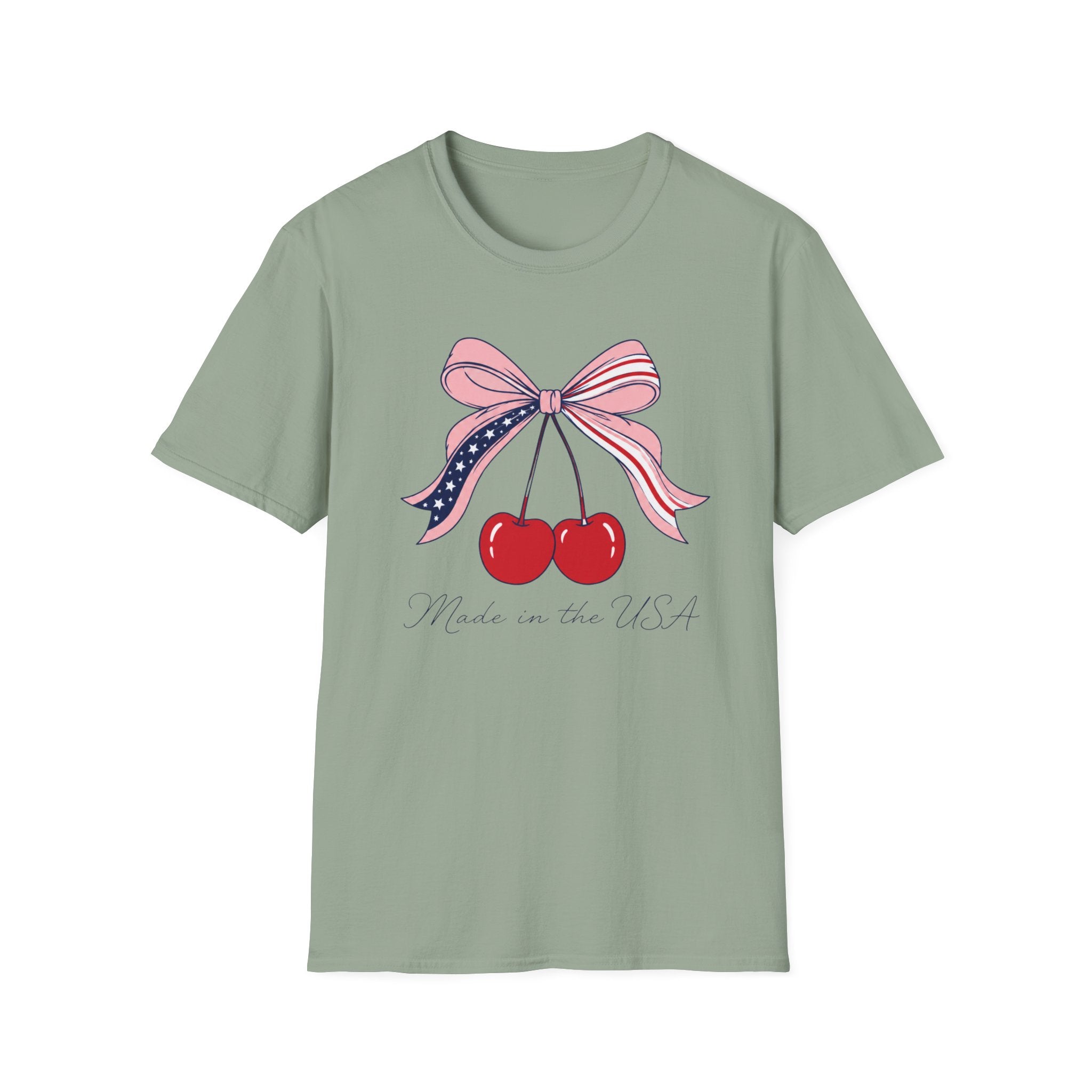 Made in the USA Cherry Tee, Patriotic Red White Blue Shirt, Cute Bow Fruit Graphic Top, Fourth of July Summer Outfit Unisex Softstyle T-Shirt
