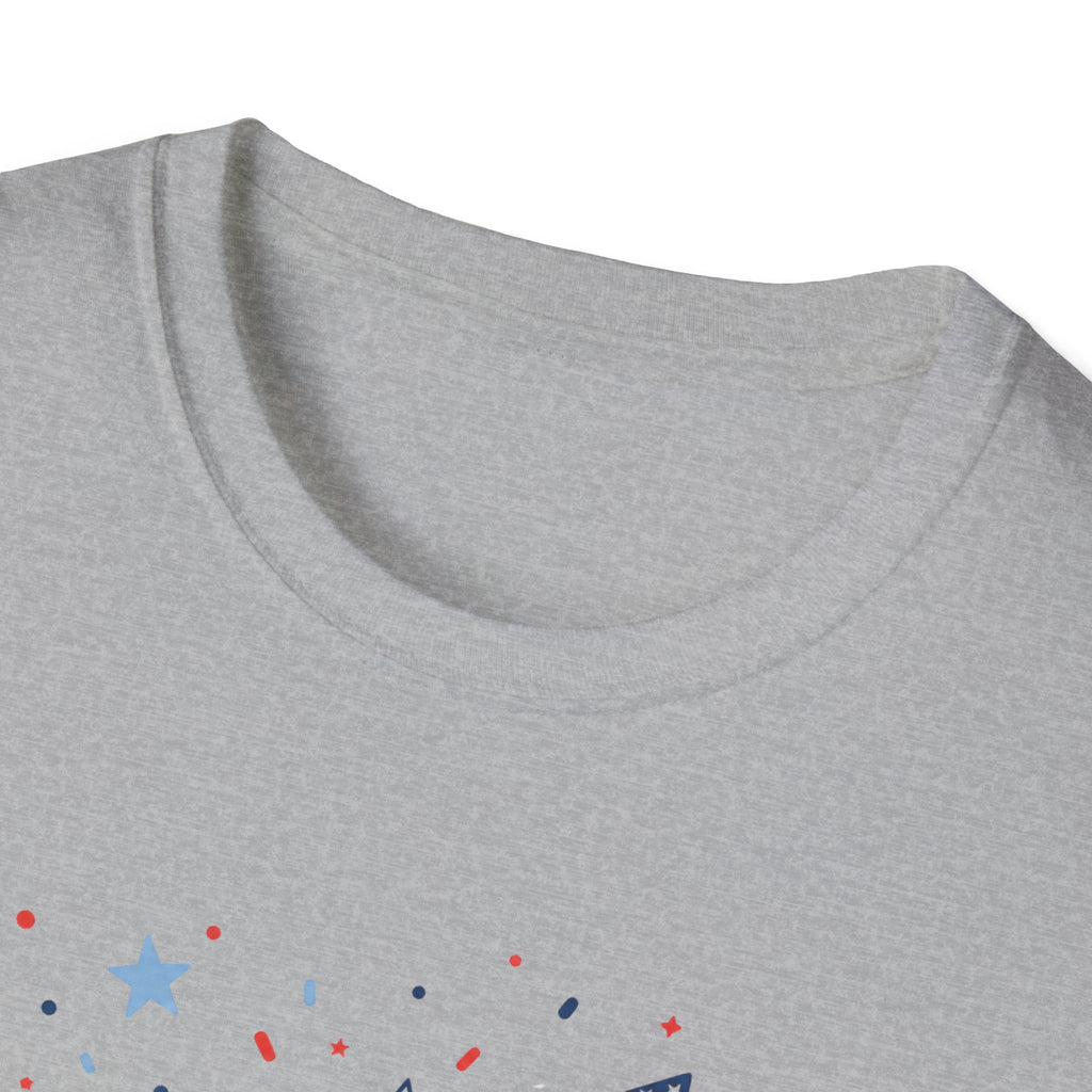 Patriotic Doodle Collage T-Shirt, Cute 4th of July Bow Heart Flag Confetti Tee, Whimsical Festive America Shirt, Coquette Patriotic Icon Scatter Gift