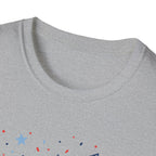 Patriotic Doodle Collage T-Shirt, Cute 4th of July Bow Heart Flag Confetti Tee, Whimsical Festive America Shirt, Coquette Patriotic Icon Scatter Gift
