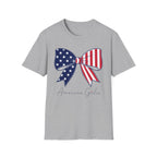 American Girl T-Shirt, Coquette Patriotic Flag Bow Tee, 4th of July Shirt, USA Stars Stripes Bow Script Gift, Cute Independence Day Tee