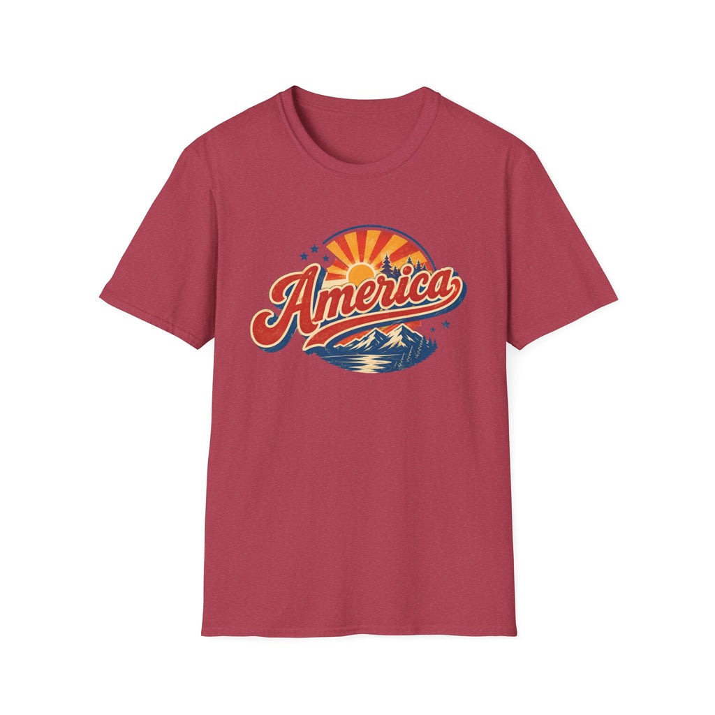 Retro America Shirt 4th of July Vintage Mountain Graphic Tee Sunset Landscape Fourth July Patriotic Stars Nature Lover