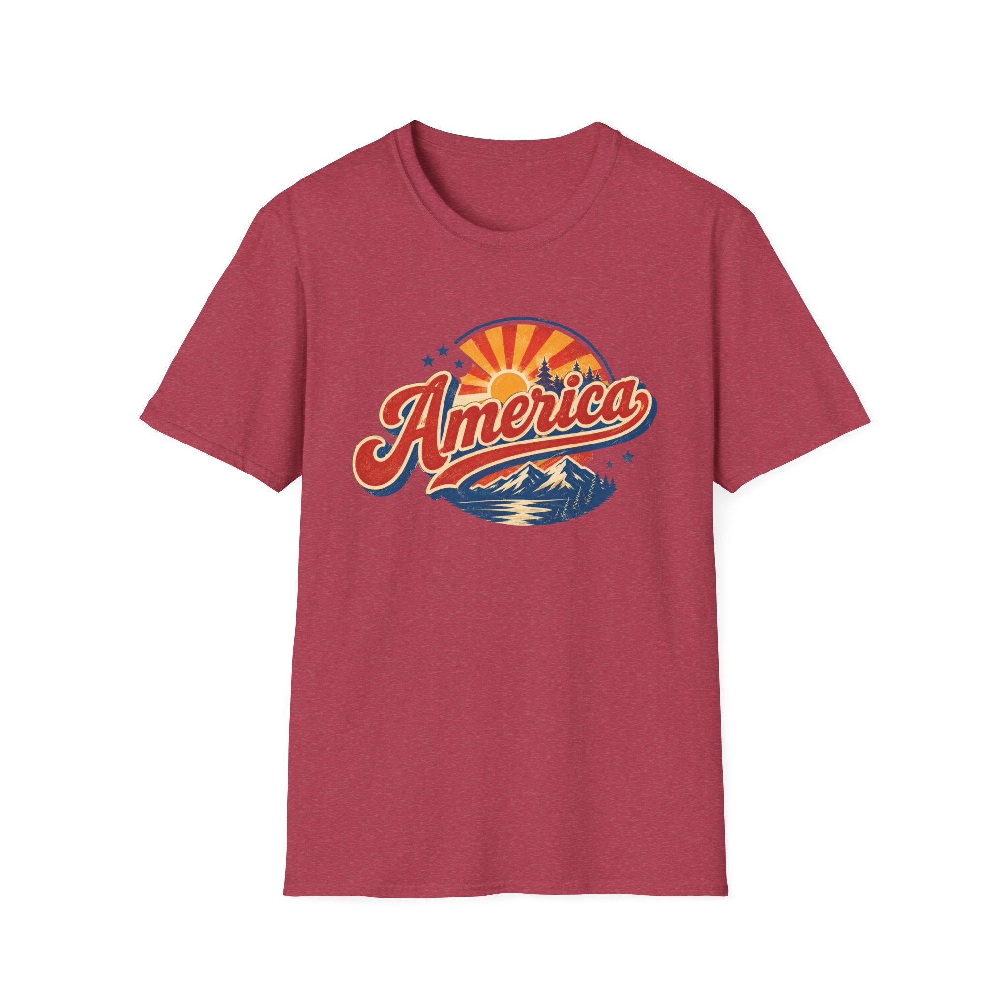 Retro America Shirt 4th of July Vintage Mountain Graphic Tee Sunset Landscape Fourth July Patriotic Stars Nature Lover