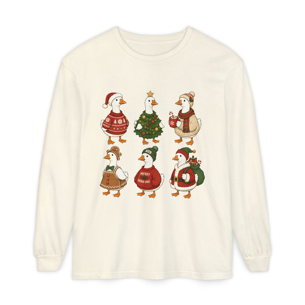Cute Christmas Geese Holiday Ducks in Sweaters & Tree Long Sleeve T-shirt
