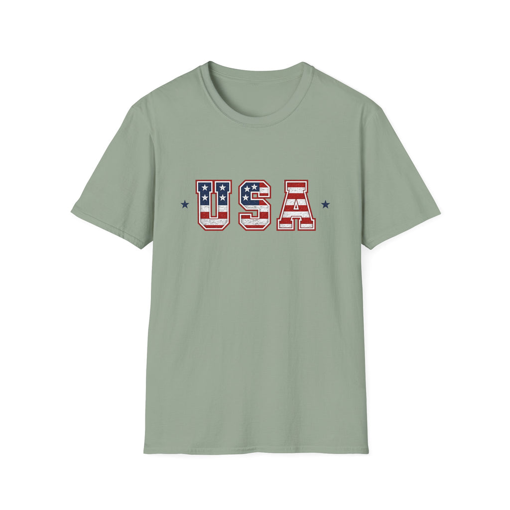 USA Varsity Lettering T-Shirt | Patriotic American Flag Block Graphic Tee, Fourth Of July Stars Stripes Top