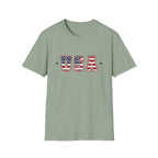 USA Varsity Lettering T-Shirt | Patriotic American Flag Block Graphic Tee, Fourth Of July Stars Stripes Top
