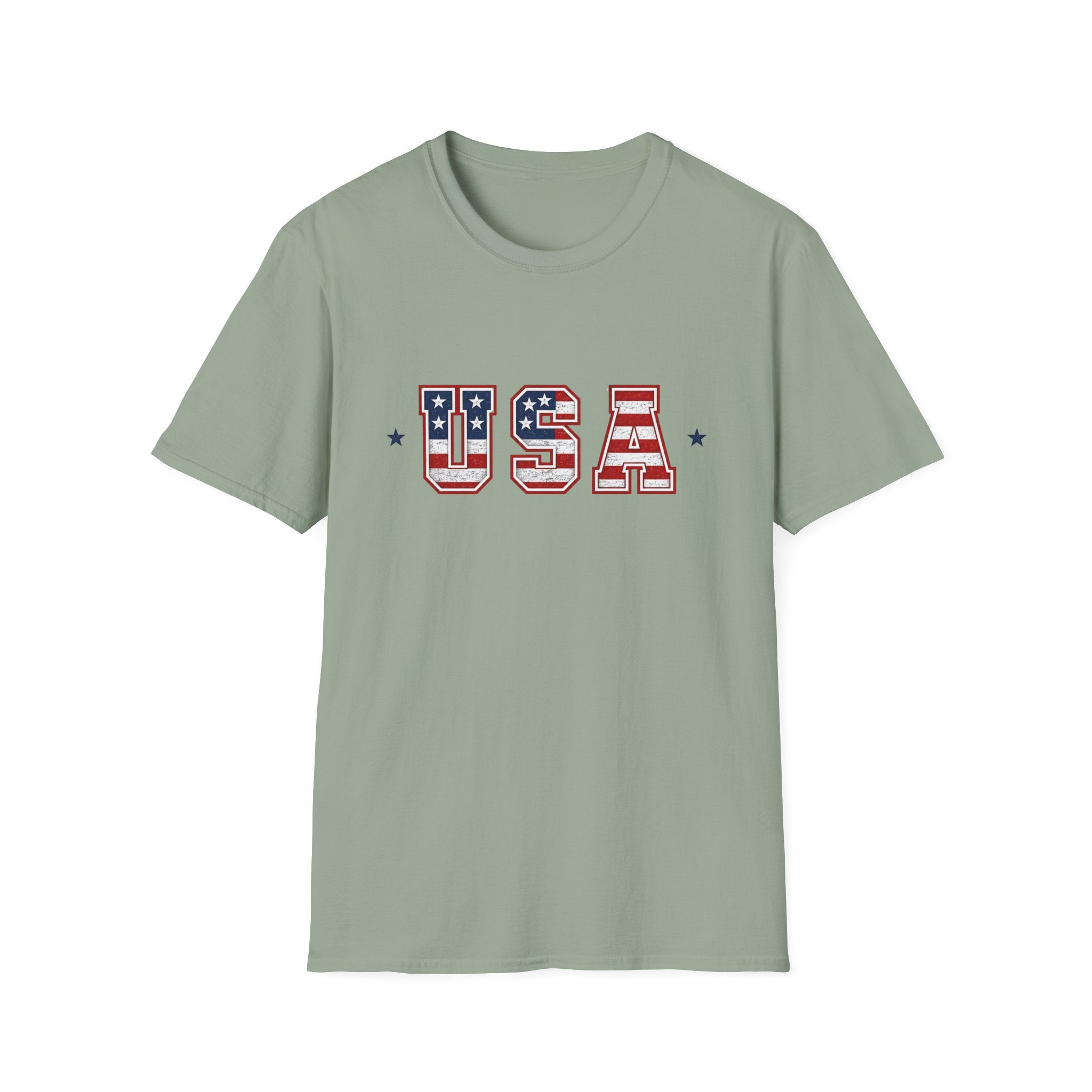 USA Varsity Lettering T-Shirt | Patriotic American Flag Block Graphic Tee, Fourth Of July Stars Stripes Top