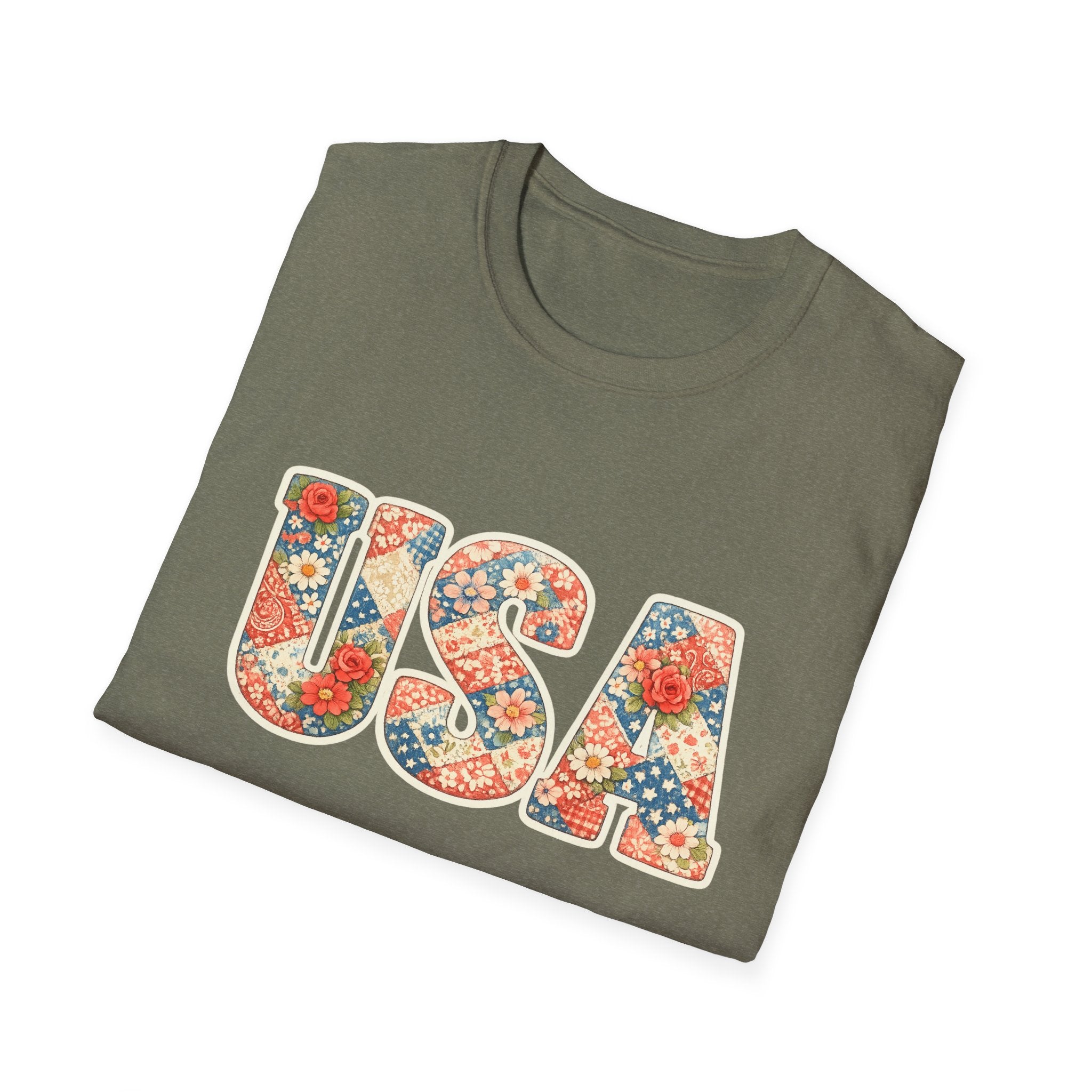 USA Floral Patchwork T-Shirt | Patriotic Block Lettering Graphic Tee, Fourth Of July Vintage Cottagecore Top