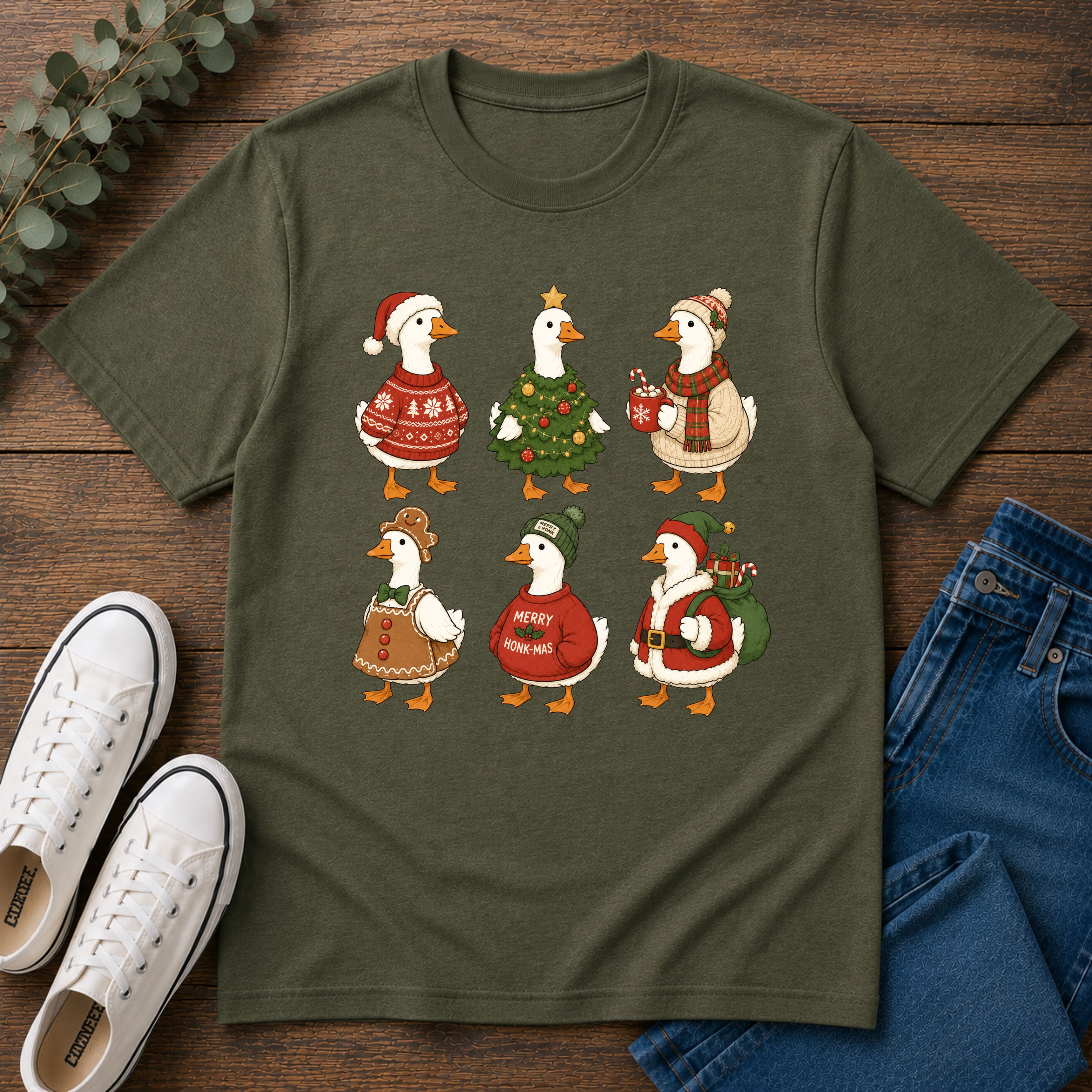 Christmas Geese T-Shirt — Cute Holiday Ducks in Sweaters & Tree Design