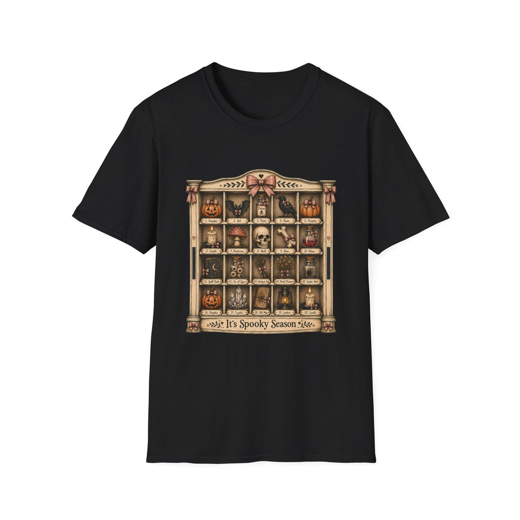Halloween Curio Cabinet T-Shirt — Vintage Spooky Season Shelf Display
