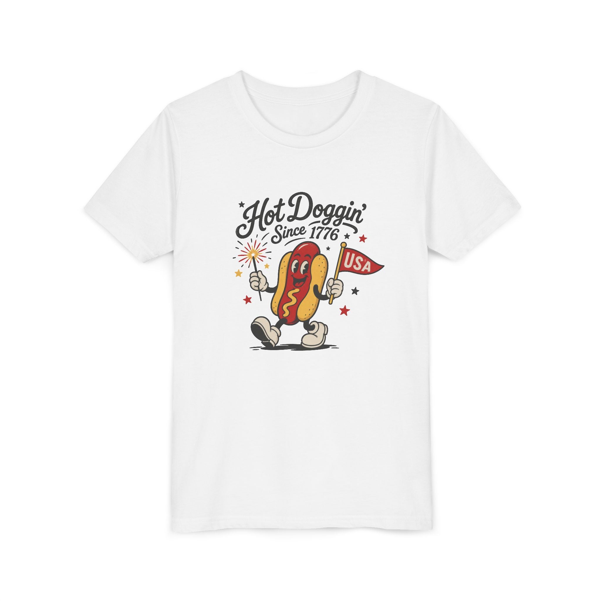 Hot Doggin Since 1776 Tee, Patriotic USA Hot Dog Shirt, Funny Summer Cartoon Graphic Top, Fourth of July Celebration Outfit Youth Short Sleeve Tee