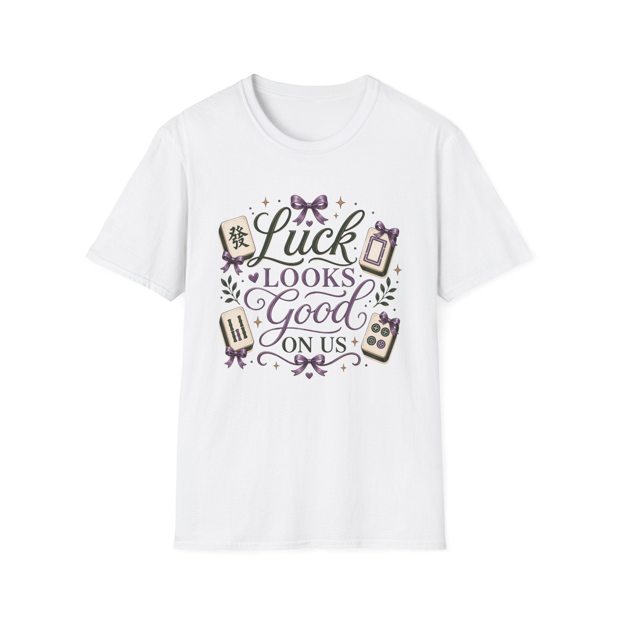 T-Shirt — "Luck Looks Good On Us" Graphic Tee (Mahjong & Charm Design)