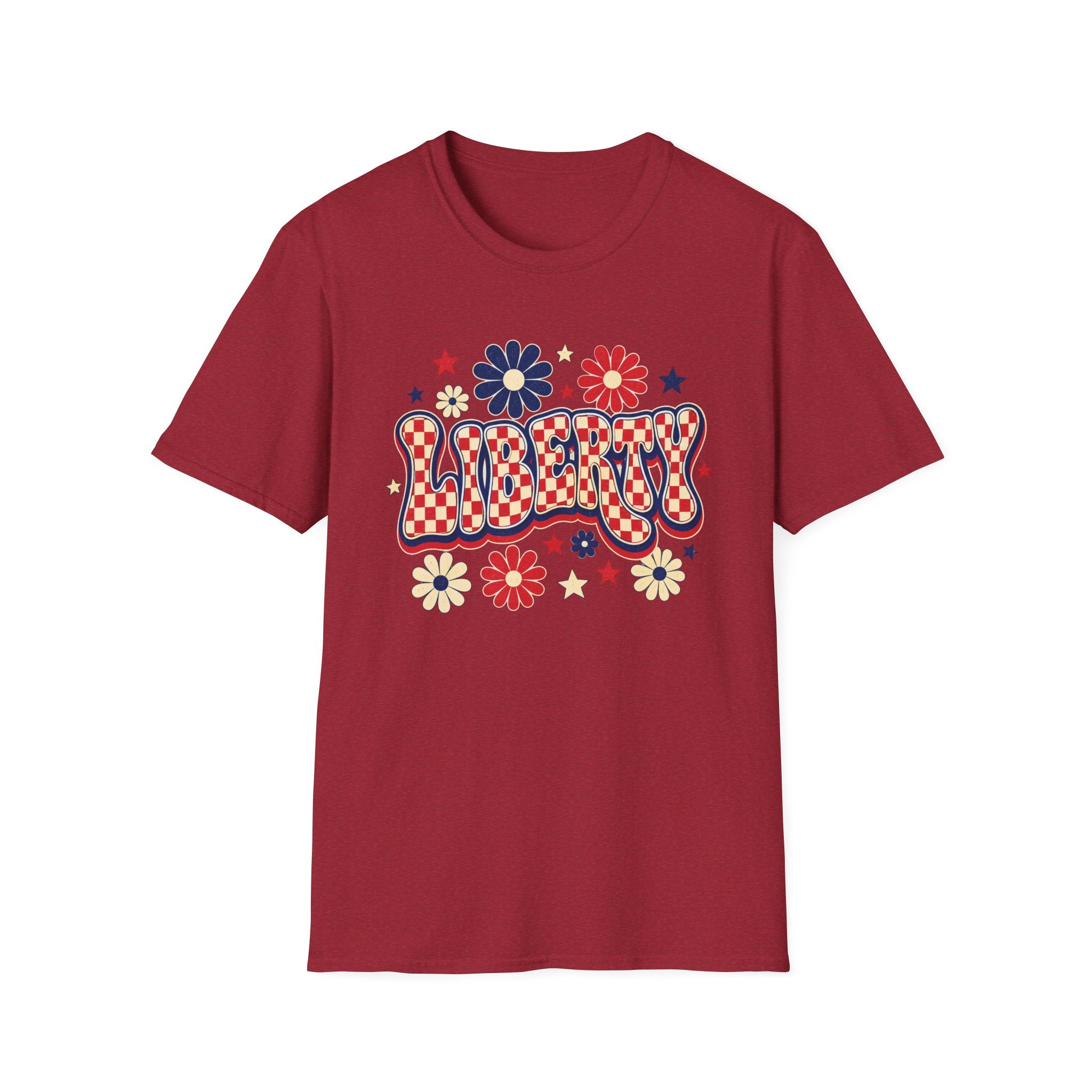 Liberty Retro USA Tee, Vintage Red White Blue Shirt, Patriotic Floral Graphic Top, Fourth of July Celebration Outfit Unisex Softstyle T-Shirt