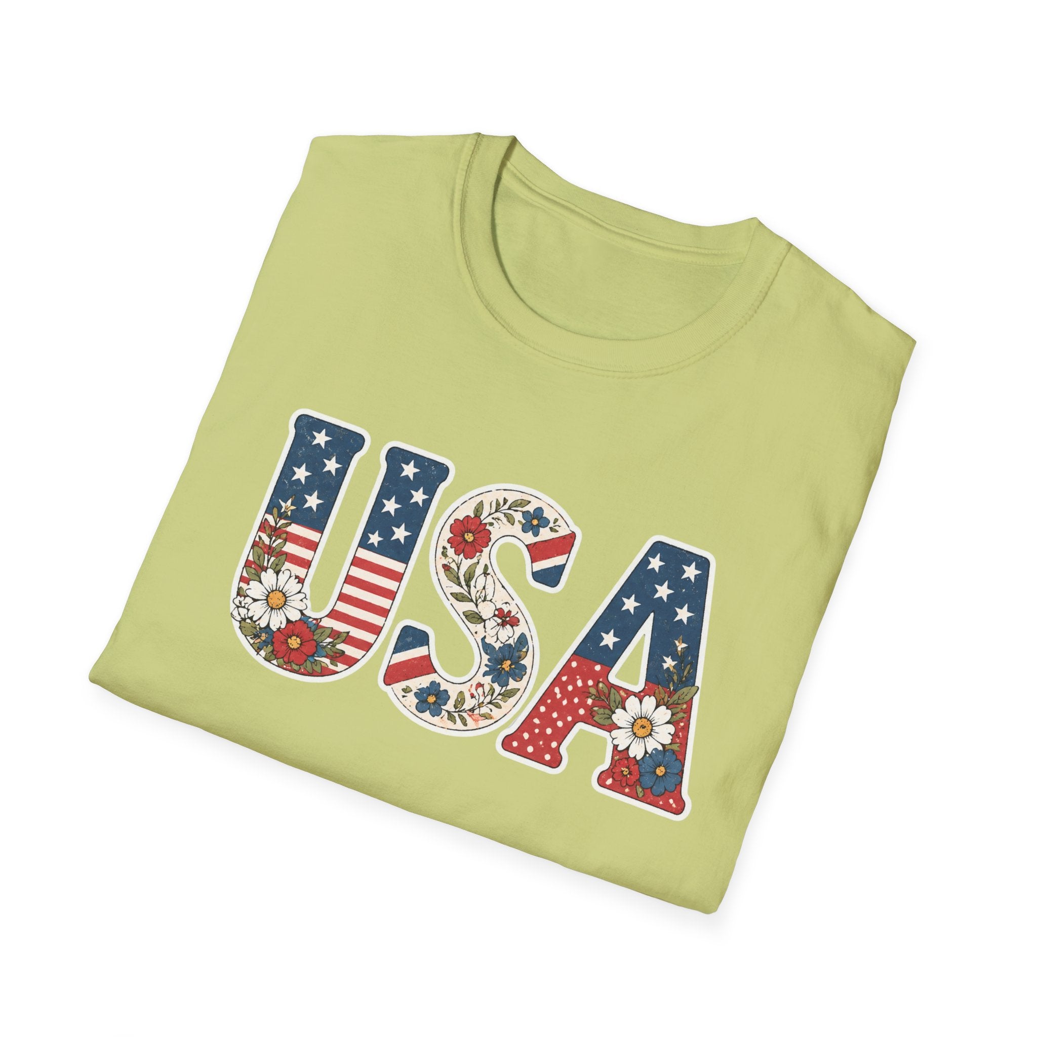 USA Patriotic Floral T-Shirt | American Flag Block Lettering Graphic Tee, Fourth Of July Vintage Cottagecore Top
