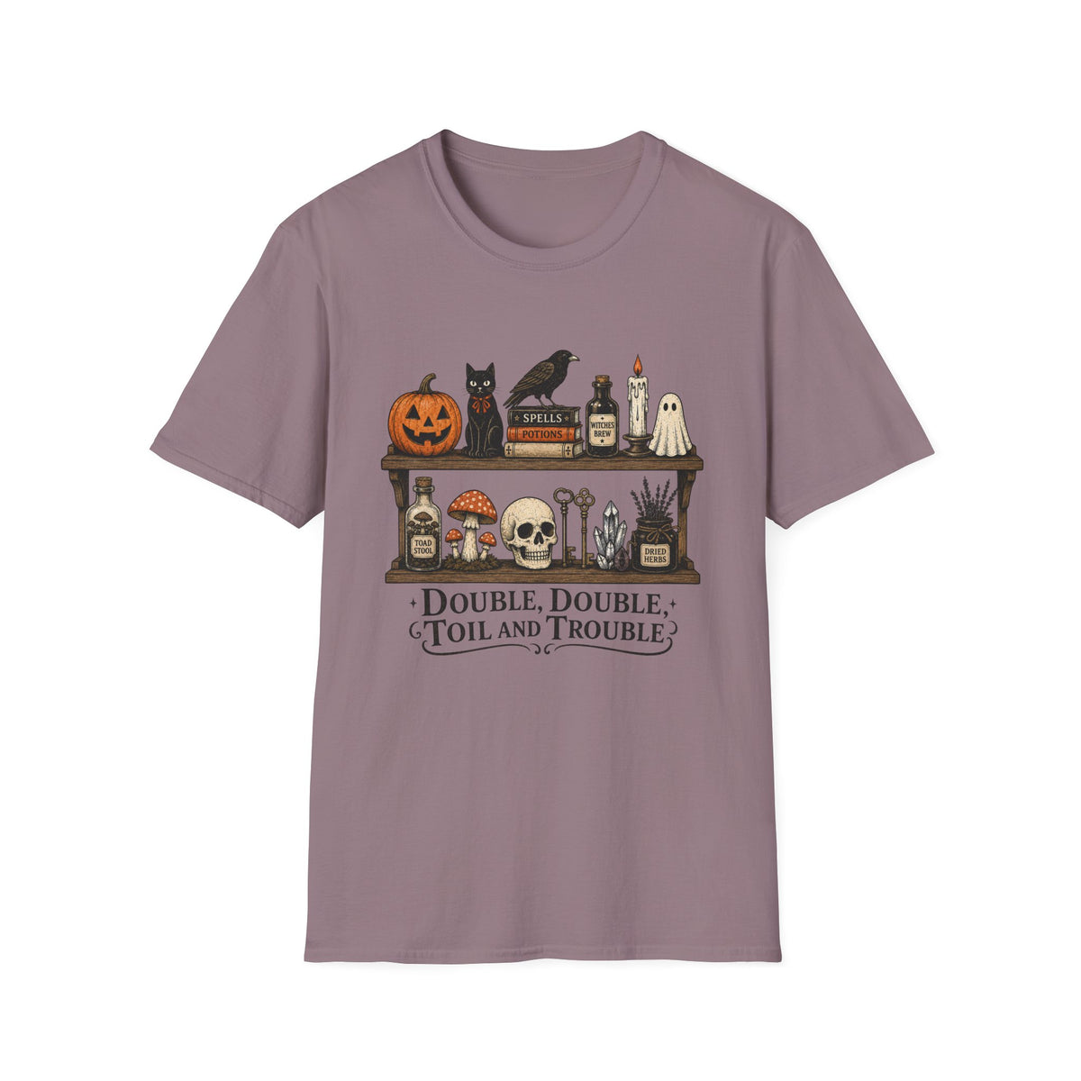Halloween Potion Shelf T‑Shirt — "Double, Double, Toil and Trouble"