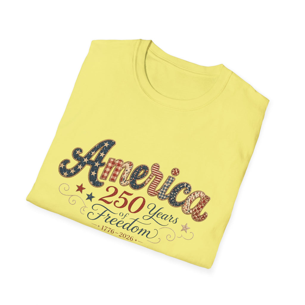 America 250 Years of Freedom Patchwork Shirt, Retro Patriotic Script Tee 1776 2026, 4th of July Vintage Americana T-Shirt, Gingham Stars Scrollwork Anniversary
