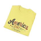 America 250 Years of Freedom Patchwork Shirt, Retro Patriotic Script Tee 1776 2026, 4th of July Vintage Americana T-Shirt, Gingham Stars Scrollwork Anniversary
