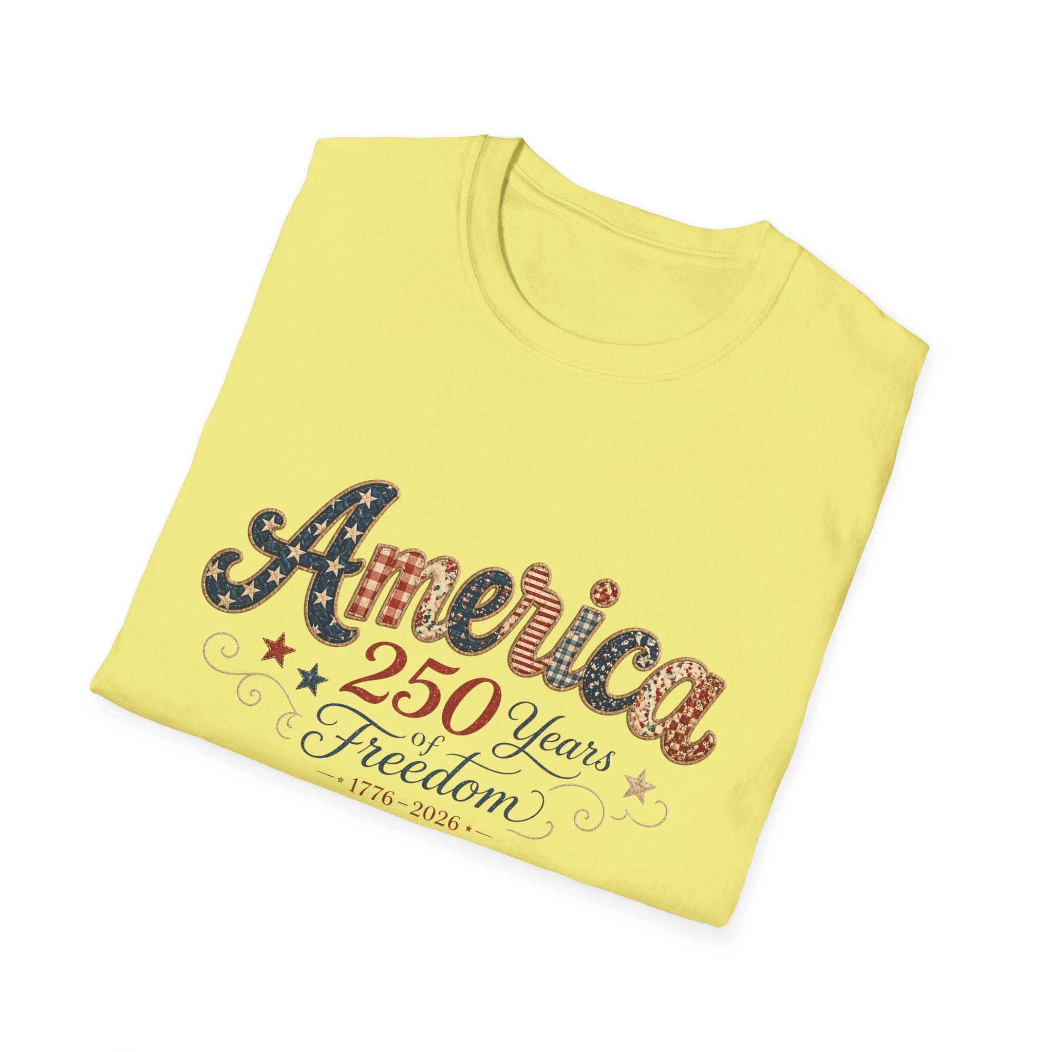 America 250 Years of Freedom Patchwork Shirt, Retro Patriotic Script Tee 1776 2026, 4th of July Vintage Americana T-Shirt, Gingham Stars Scrollwork Anniversary
