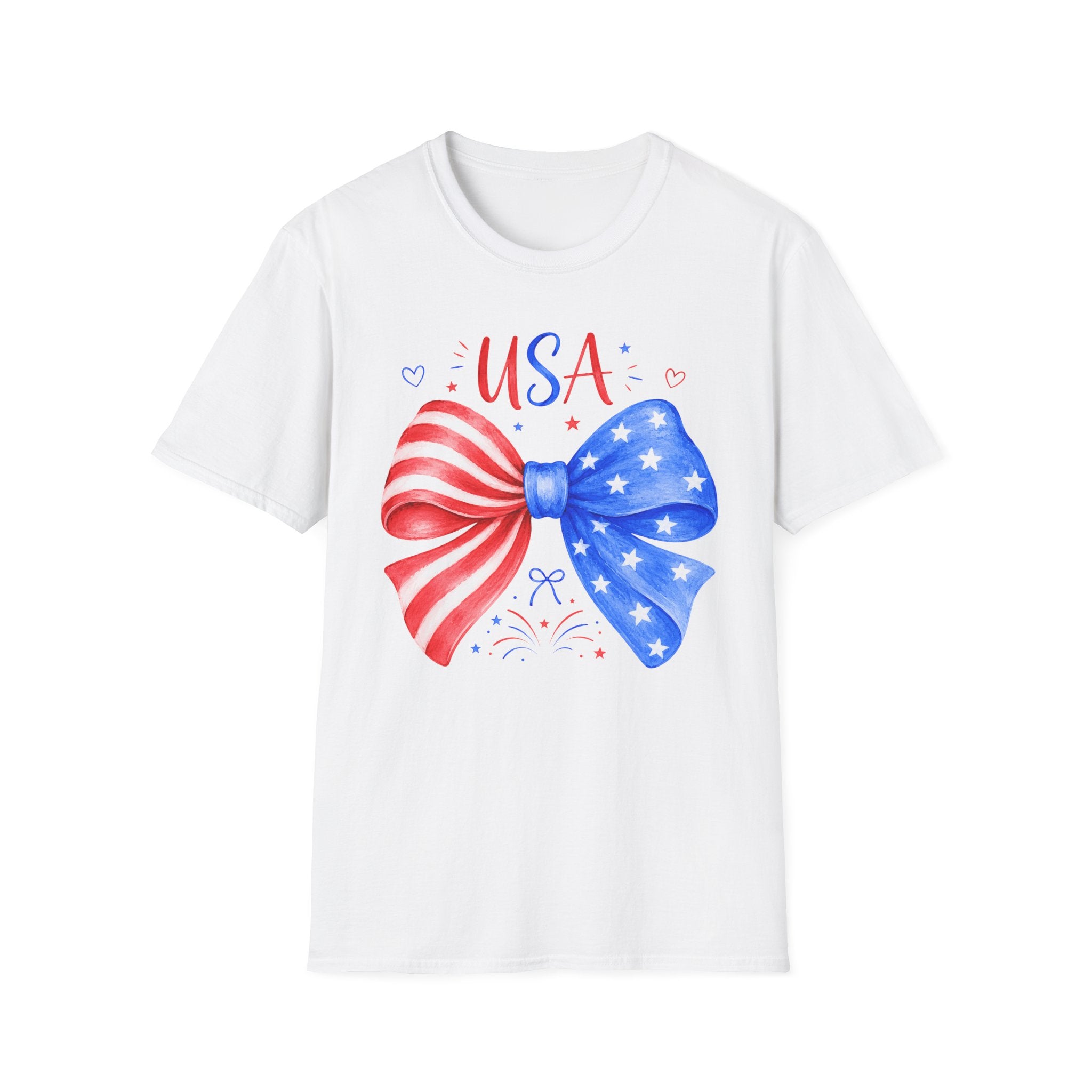 USA Patriotic Bow Tee, Red White Blue Fireworks Shirt, Cute American Pride Graphic Top, Fourth of July Celebration Outfit T-Shirt