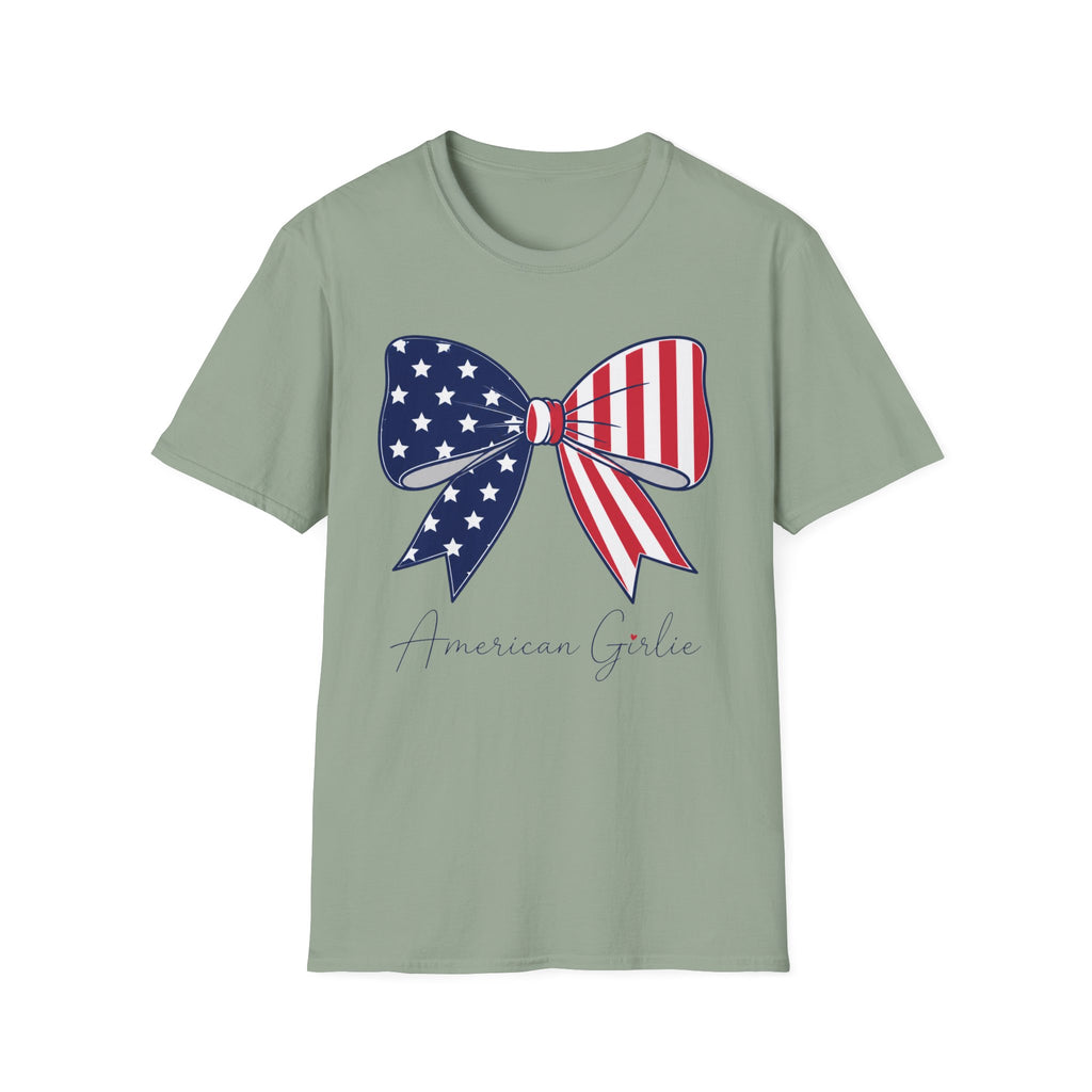 American Girl T-Shirt, Coquette Patriotic Flag Bow Tee, 4th of July Shirt, USA Stars Stripes Bow Script Gift, Cute Independence Day Tee