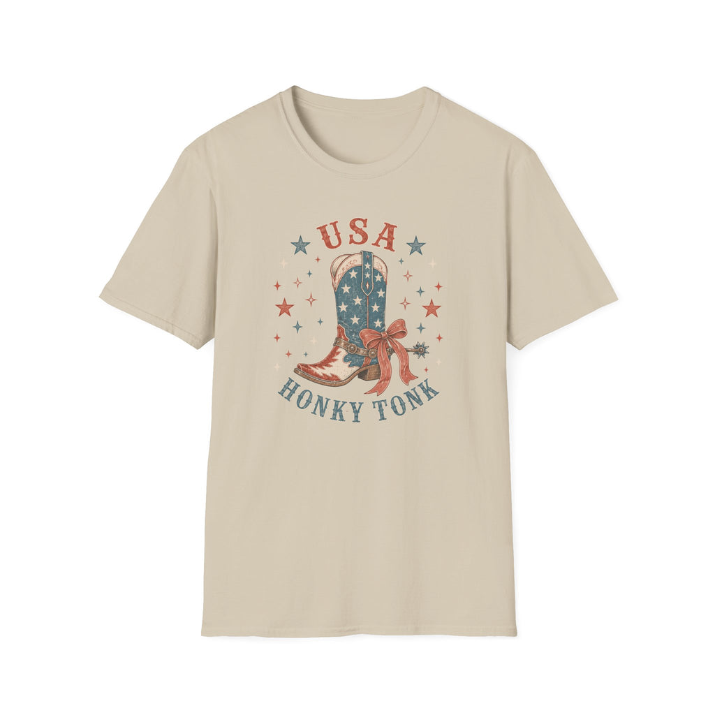 USA Honky Tonk T-Shirt, Patriotic Cowboy Boot Coquette Bow Tee, Country Western 4th of July Shirt, Star Cowgirl Boot America Gift Women, Country Patriotic Concert Tee