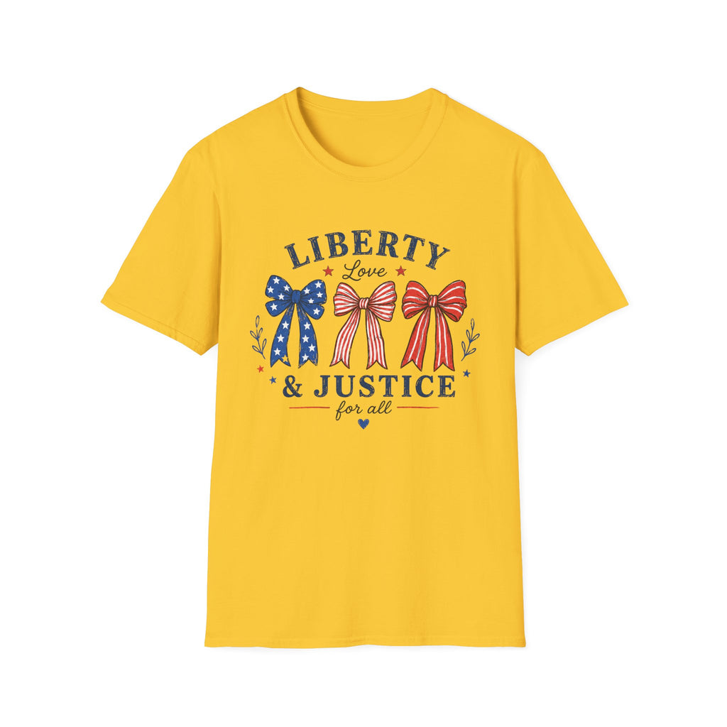 Liberty Love Justice Tee, Patriotic Bows USA Shirt, Red White Blue Graphic Top, American Pride Fourth of July Outfit T-Shirt