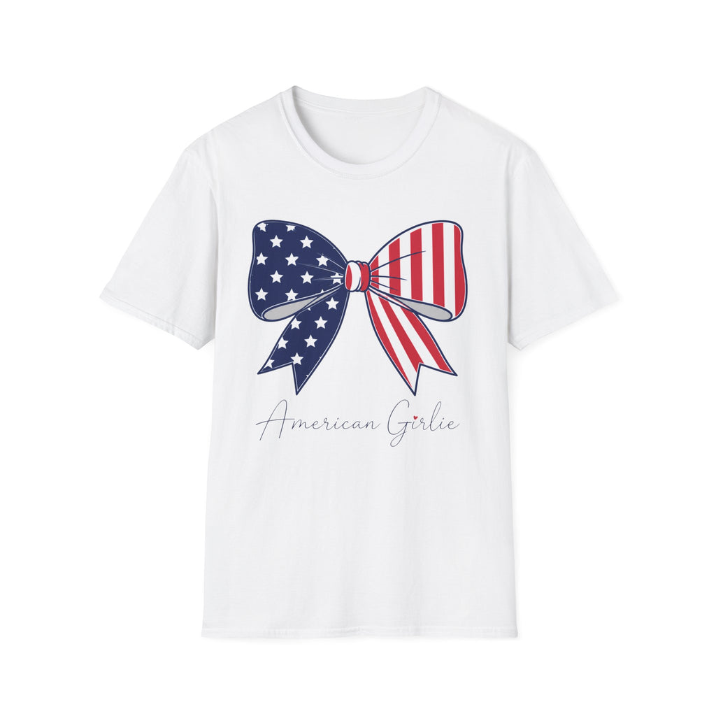 American Girl T-Shirt, Coquette Patriotic Flag Bow Tee, 4th of July Shirt, USA Stars Stripes Bow Script Gift, Cute Independence Day Tee