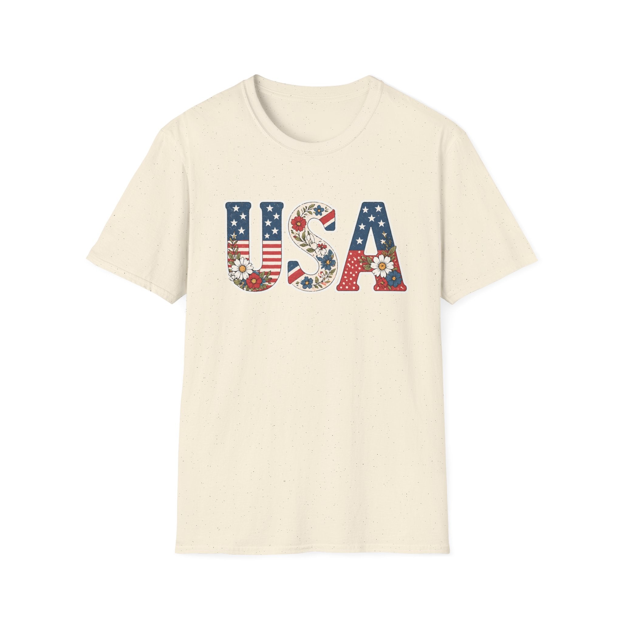 USA Patriotic Floral T-Shirt | American Flag Block Lettering Graphic Tee, Fourth Of July Vintage Cottagecore Top