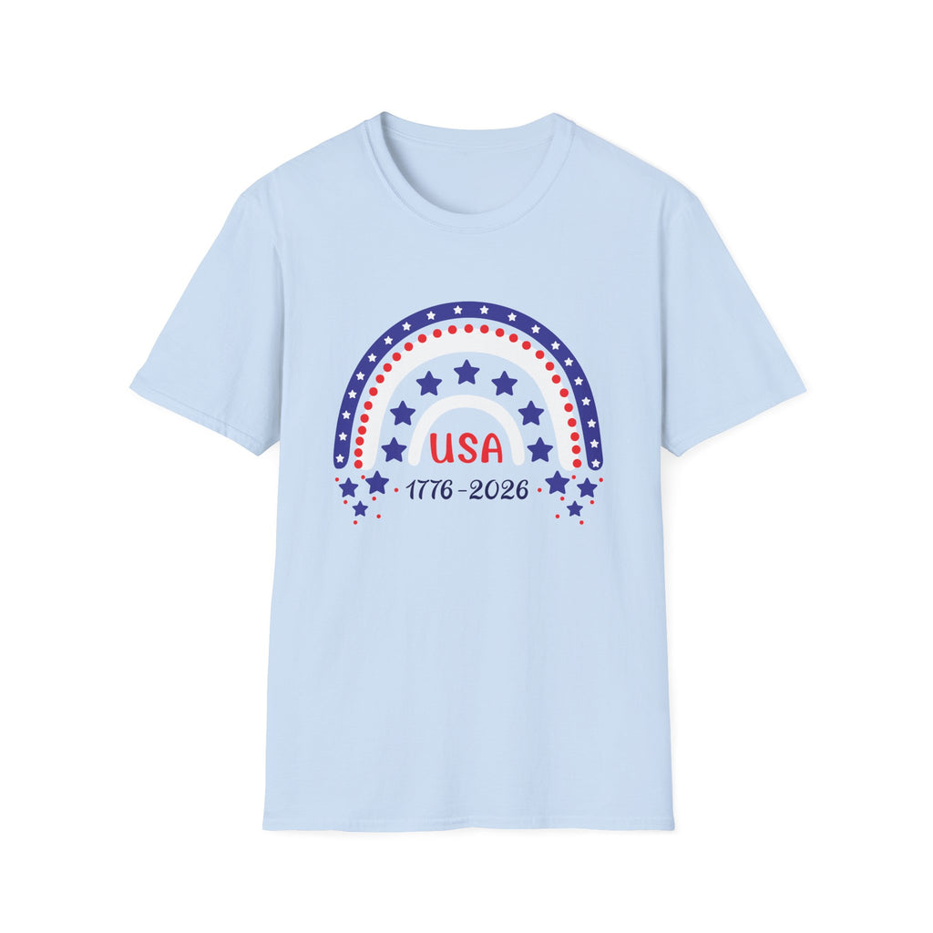 USA 1776–2026 Patriotic Rainbow Tee, American Anniversary Shirt, Red White Blue Graphic Top, USA Pride Outfit