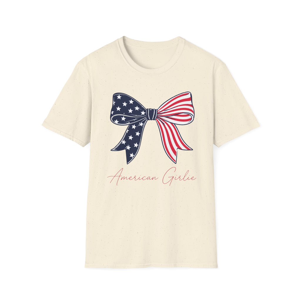 American Girlie Bow Shirt, Clean Split Flag Coquette Tee, Navy Stars Red Stripes Bow 4th of July Women Girls, Bold Graphic Patriotic Script Gift Independence Day