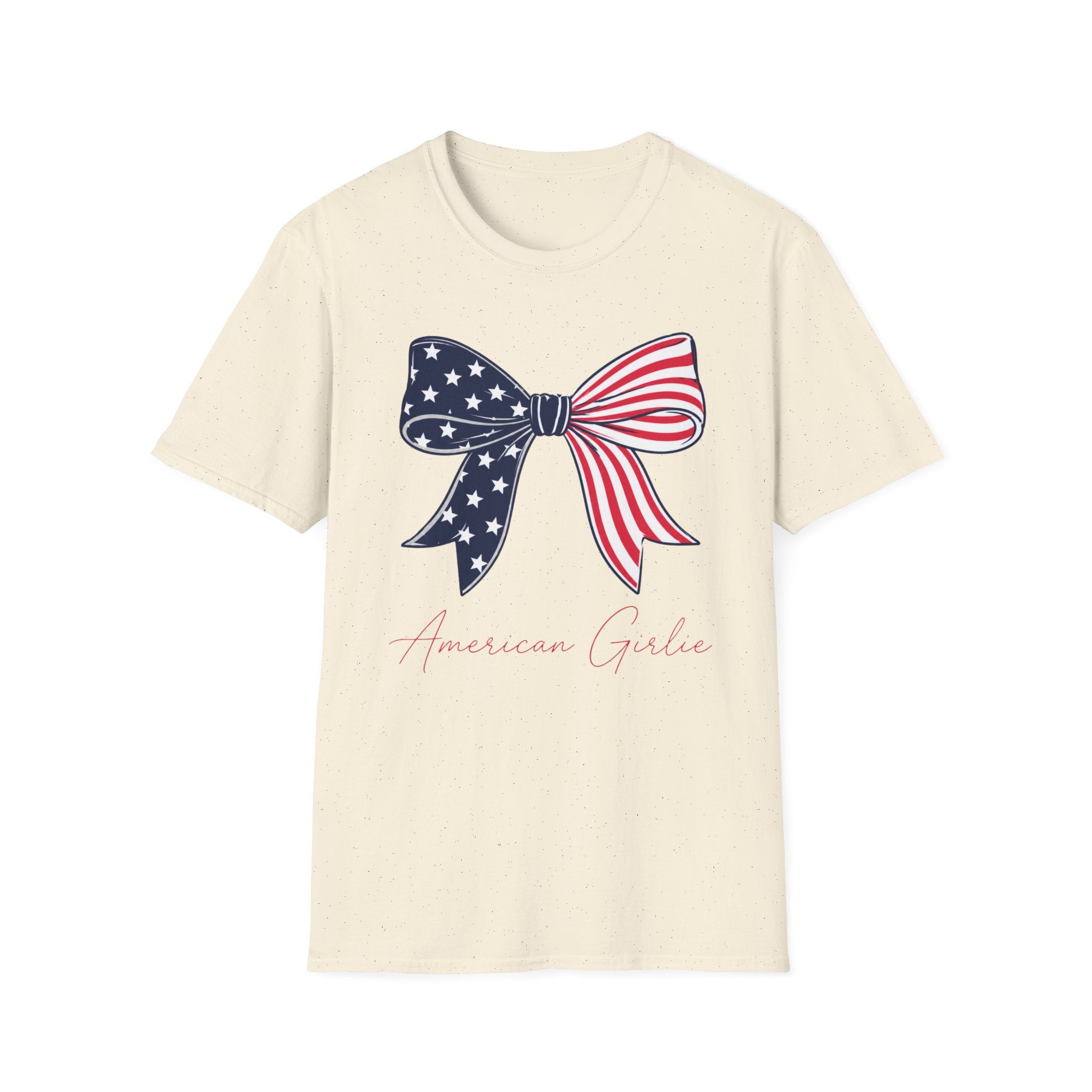 American Girlie Bow Shirt, Clean Split Flag Coquette Tee, Navy Stars Red Stripes Bow 4th of July Women Girls, Bold Graphic Patriotic Script Gift Independence Day
