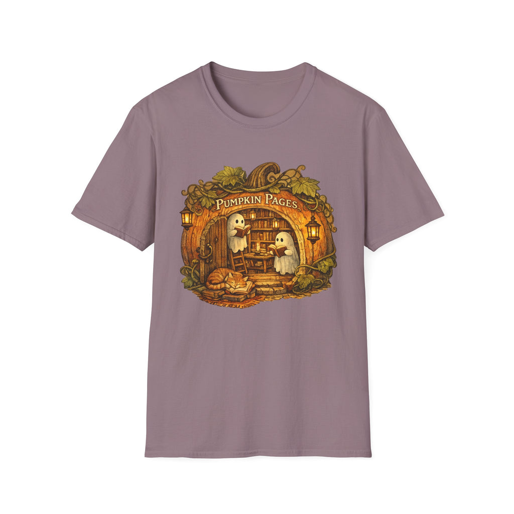 Pumpkin Pages Halloween T‑Shirt — Cute Ghosts Reading in Pumpkin Library