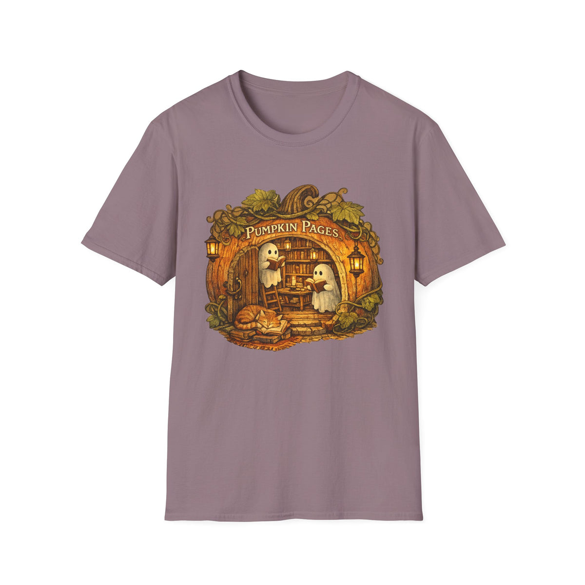 Pumpkin Pages Halloween T‑Shirt — Cute Ghosts Reading in Pumpkin Library