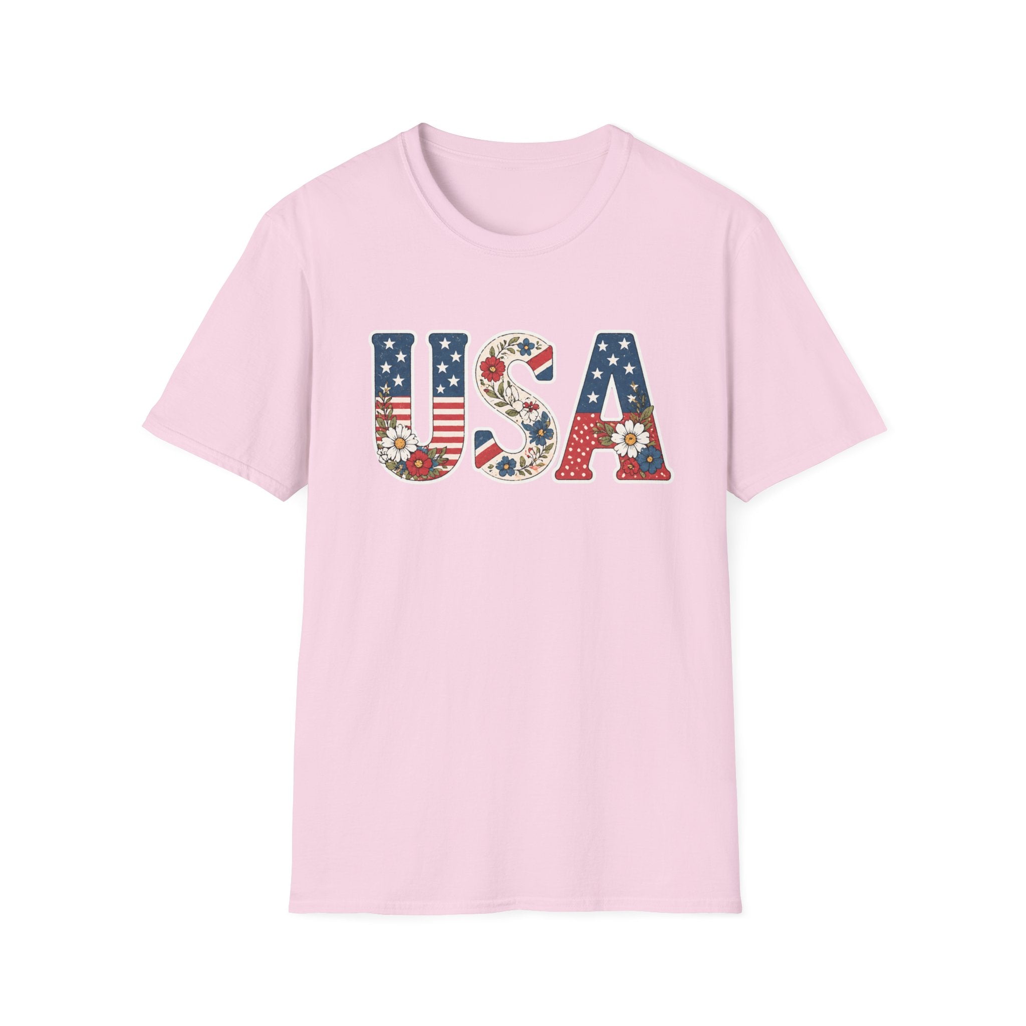 USA Patriotic Floral T-Shirt | American Flag Block Lettering Graphic Tee, Fourth Of July Vintage Cottagecore Top