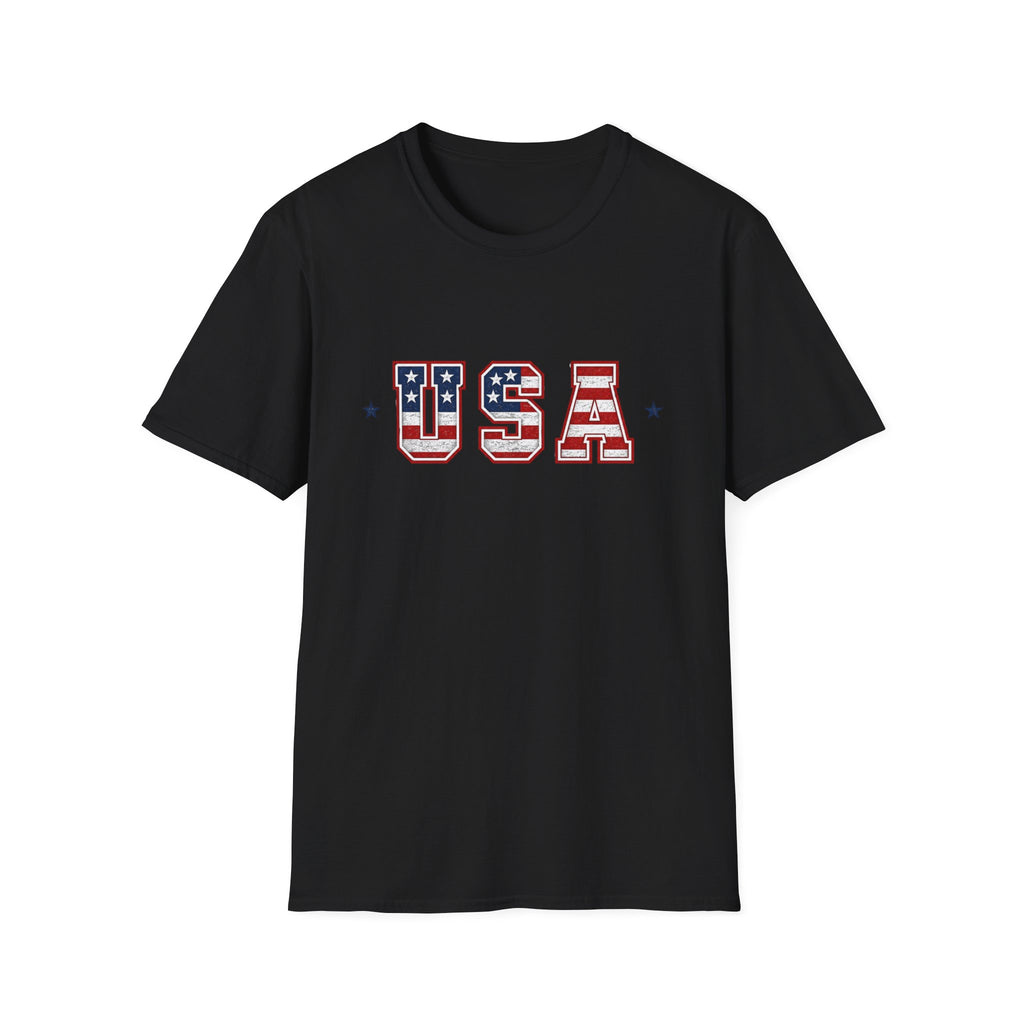 USA Varsity Lettering T-Shirt | Patriotic American Flag Block Graphic Tee, Fourth Of July Stars Stripes Top