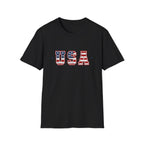 USA Varsity Lettering T-Shirt | Patriotic American Flag Block Graphic Tee, Fourth Of July Stars Stripes Top