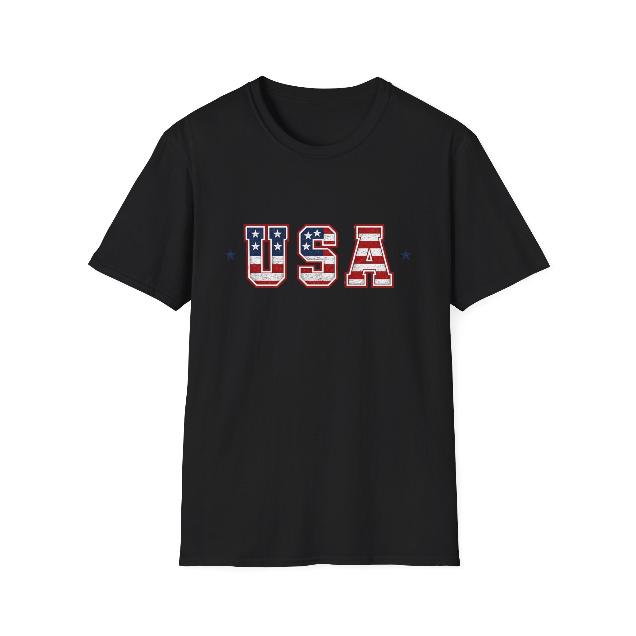 USA Varsity Lettering T-Shirt | Patriotic American Flag Block Graphic Tee, Fourth Of July Stars Stripes Top