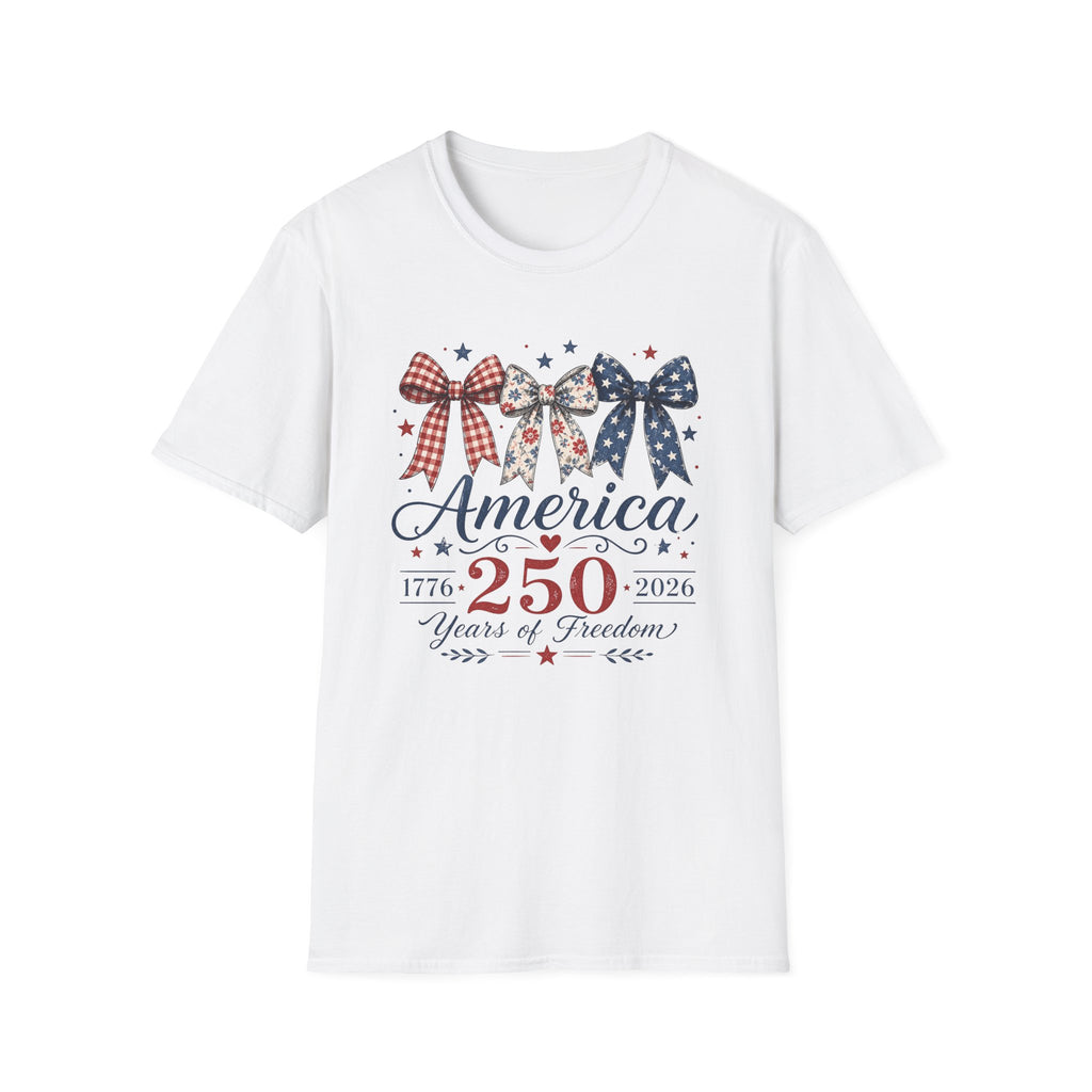 America 250 Years Of Freedom T-Shirt | Patriotic Coquette Ribbon Bow Graphic Tee, 1776 2026 Semiquincentennial Top