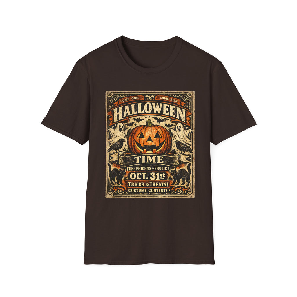 Vintage Halloween Pumpkin T-Shirt — "Halloween Time" Retro Poster Tee