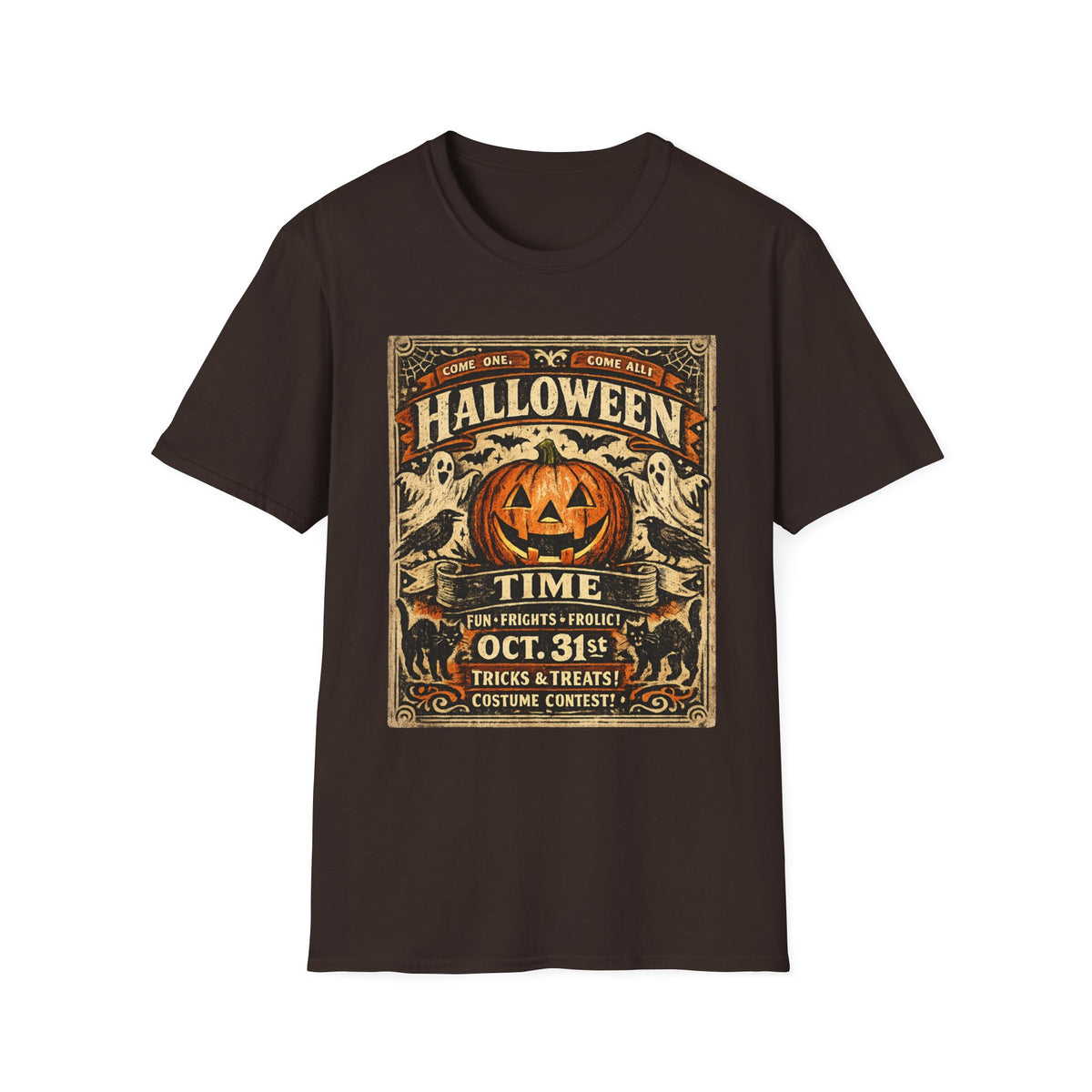 Vintage Halloween Pumpkin T-Shirt — "Halloween Time" Retro Poster Tee