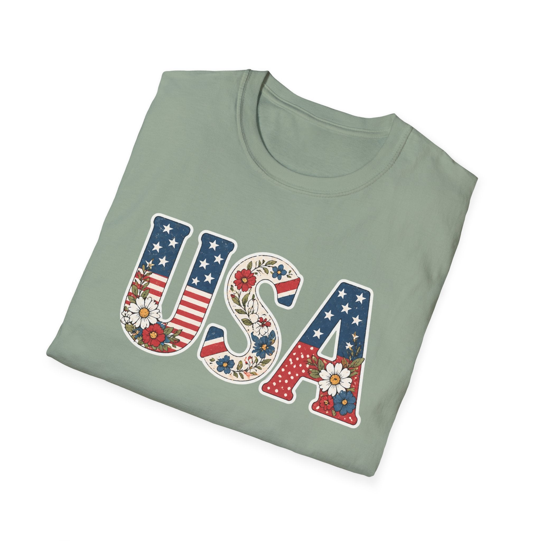 USA Patriotic Floral T-Shirt | American Flag Block Lettering Graphic Tee, Fourth Of July Vintage Cottagecore Top